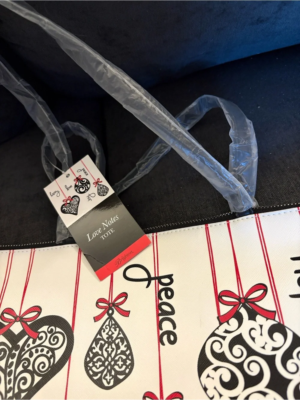 Brighton White Tote with Black Ornament Hearts and Red Ribbon Accents